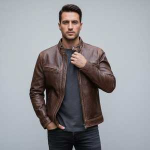 Blouson en cuir décontracté pour homme, en cuir de vachette, fermeture éclair sur le devant, pour usage quotidien, vêtement d'extérieur élégant, coupe-vent, respirant, écologique, hiver, vente en gros - Product Image 6