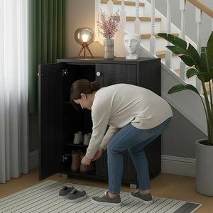 Shoe Rack Wooden - 2-Door Engineered Wooden Shoe Cabinet, 4-Tier Shoe <b>Storage</b> Cabinet with Doors Adjustable Shelves, Wooden - Product Image 2