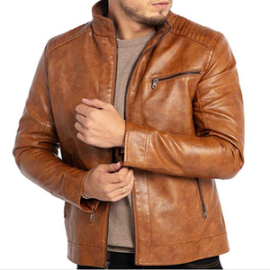 Men's Brown Genuine Leather <b>Waterproof</b> Breathable Moto <b>Jacket</b> Stand Collar Zipper Closure Slim Fit Regular Length Solid Color - Product Image 6