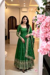 <b>Green</b> <b>Silk</b> Gown Floor Length Traditional Indian Women's Wedding Wear Regular Fit Wrinkle Free All Seasons - Product Image 4