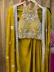 Mustard <b>Yellow</b> Embroidered <b>Crop</b> <b>Top</b> With Beaded Work Palazzo Set Women's Traditional Floor-Length Wedding Wear - Product Image 1
