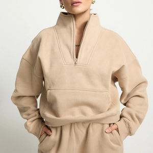 Womens Beige Half Zip Sweatshirt And <b>Matching</b> <b>Joggers</b> <b>Set</b> Premium Heavyweight Fleece Pullover Athletic Loungewear Casual - Product Image 3