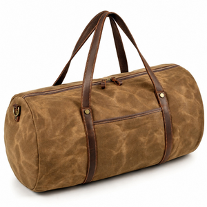 Washed Oil Waxed Canvas Weekender Duffel <b>Bag</b> with Carry Handles & Zip Top | <b>Tan</b> Brown Portable Durable Outdoor Travel Luggage - Product Image 1