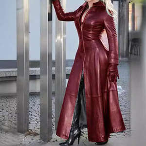 Manteau long en similicuir PU pour femme, trench-coat classique avec ceinture, vêtement d'extérieur élégant pour la mode automne-hiver - Product Image 1