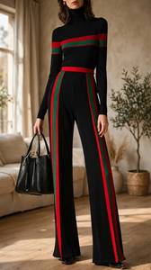 Conjunto de Dos Piezas de Punto 100% Algodón para Mujer, Top de Cuello Alto y Pantalones Anchos con Rayas Rojas y Verdes, Antiarrugas, Corte Holgado - Product Image 5