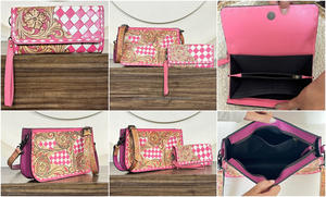 Ensemble assorti sac à main et portefeuille en cuir de vachette fait main, motif à carreaux rose et blanc, prix bas, personnalisable en usine - Product Image 3