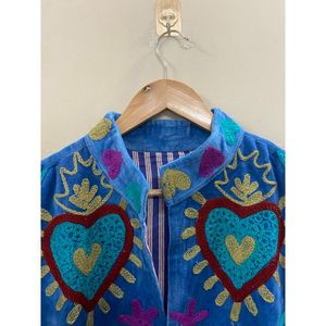 Hand Embroidered <b>Velvet</b> <b>Jacket</b> <b>Women</b> Full Sleeve Turn-down Collar OPEN Closure Autumn Bohemian Heart Pattern Coat - Product Image 2