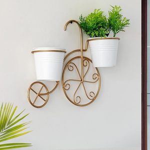 Support mural en métal rétro pour plantes vertes avec deux pots blancs, design circulaire, style rustique - Product Image 1