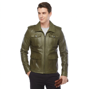 Veste en cuir verte pour homme avec fermeture éclair, col rabattable, épaulettes, style workwear, coupe classique, pour l'automne - Product Image 6