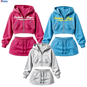 Conjunto de Ropa Deportiva para Mujer, Estilo Vintage Otoñal, con Logotipo Personalizado, Sudadera con Cierre y Pantalones Cortos con Pedrería, en Tela French Terry - Product Image 5