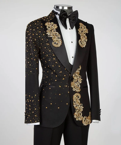 Costume de mariage noir et or brodé pour homme, blazer de créateur ajusté pour le marié avec broderie florale faite à la main pour réceptions et soirées - Product Image 6