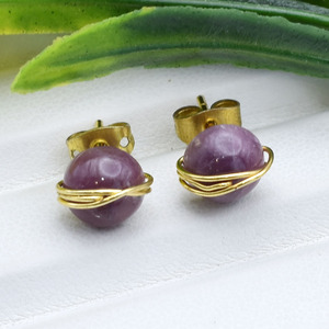 Ruby Round <b>Earrings</b> 8mm | Wire Wrapped Red Stone <b>Studs</b> | Artisan Jewelry Gift - Product Image 2