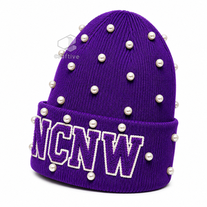 NCNW Sorority Women's <b>Purple</b> Pearl Embellished Knit Beanie Chenille Embroidered Greek Letter Casual Winter <b>Hat</b> - Product Image 3