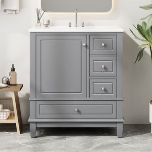 Mobile da Bagno Grigio da 30 Pollici con Lavabo, Una Porta e Ripiano, Tre Cassetti con Chiusura Ammortizzata - Product Image 4