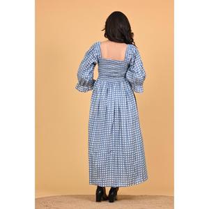 Vestido Largo de Algodón a Cuadros Azul Boho para Mujer, Vestido Maxi Fruncido para Fiesta de Verano - Product Image 5