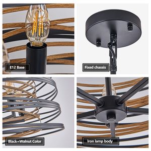 Lampadario a sospensione industriale rustico da 24 pollici a 6 luci, gabbia in metallo nero noce con accenti in legno per isole cucina o sala da pranzo - Product Image 5