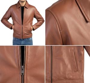 Veste en cuir véritable pour homme, marron, col rabattu, fermeture éclair, vêtement décontracté pour l'automne - Product Image 5