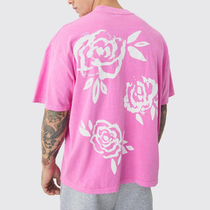 T-shirt en coton rose surdimensionné avec imprimé rose blanche sur le devant, col rond, manches courtes, coupe décontractée pour homme - Product Image 5