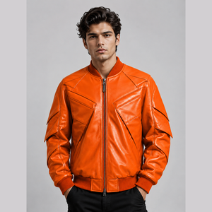 Veste décontractée pour homme en cuir véritable, coupe ajustée, logo sur le devant, couleur unie, avec poches, pour l'automne - Product Image 1
