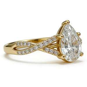 Bague de fiançailles de luxe en or jaune 14 carats avec diamant poire et diamants pavés latéraux, diamant de laboratoire, design à double sangle, certifiée GIA - Product Image 2