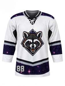 Camiseta de hockey sobre hielo blanca personalizada por sublimación, con mascota de mapache, ribete galáctico, cuello con cordones, uniforme de equipo extragrande, transpirable, deportivo - Product Image 1