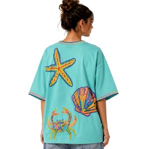 เสื้อยืดโอเวอร์ไซส์ลายกราฟิกสีฟ้าครามสำหรับผู้หญิง พิมพ์ลายมหาสมุทรสีสันสดใส เสื้อผ้าลำลองสไตล์สตรีทแวร์ ผ้าฝ้าย ใส่สบายสำหรับฤดูร้อน ทรงหลวม รับผลิตตามสั่ง (OEM) ขายส่ง - Product Image 2