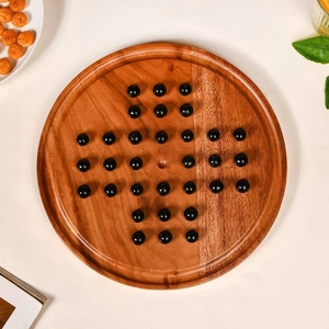 Handcrafted Wooden Peg Solitaire Board Game With Black Marbles. Traditional European Brain Teaser <b>Puzzle</b> For Strategy Lovers - Product Image 1
