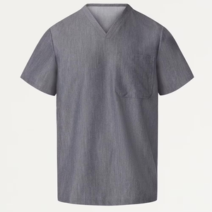 Unisex Gray V-Neck <b>Scrub</b> <b>Top</b> With Chest Pocket Cotton Polyester Woven Hospital Uniforms - Product Image 1