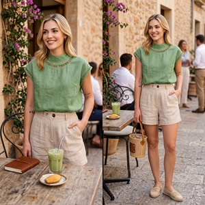 Women's <b>Sleeveless</b> Turtleneck Blouse Hollow Out Cap Sleeve <b>Linen</b> Cotton Woven Solid Color Minimalist Spring Summer <b>Top</b> Bow Front - Product Image 3