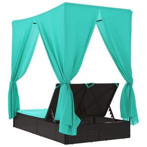 Tumbona Doble con Techo de Poliratán Negro y Cortinas, Muebles de Exterior Cómodos - Product Image 6