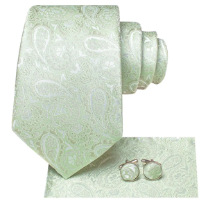 Ensemble cravate, boutons de manchette et pochette de costume en soie vert sauge à motif cachemire, tissage jacquard classique, pour hommes d'affaires - Product Image 3