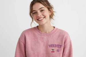 เสื้อสเวตเชิ้ตผู้หญิงสีชมพู คอกลม ป้องกันขนร่วง ลายมัดย้อม ทรงหลวม ไหล่ตก ผ้าคอตตอนผสม แขนยาว ปักตัวอักษรลายเชอร์รี่ - Product Image 4