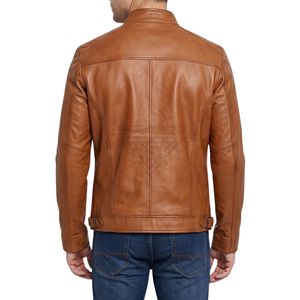 High Quality Breathable Leather <b>Jacket</b> <b>Light</b> Tan Brown Vertical Left Chest Zip Pocket Stand Collar Leather <b>Jackets</b> - Product Image 2