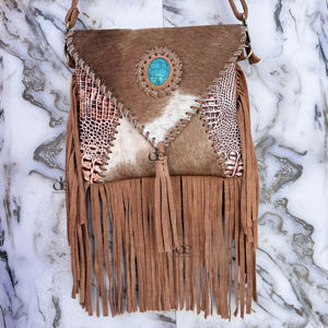 Sac à main bandoulière unique en cuir de vachette à poils, avec franges et motifs, élégant, idéal pour les cadeaux - Product Image 1