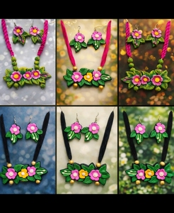 Handmade Indian Terracotta Flower Shape Jewelry <b>Set</b> Colorful Design Necklace Matching Earrings Strand Gift | Ethnic Bohemia <b>Clay</b> - Product Image 5