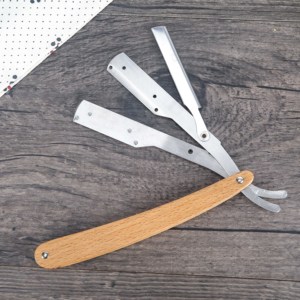 Maquinilla de afeitar con mango de madera para hombre, maquinilla de afeitar con hoja recta, desechable, de acero inoxidable, OEM - Product Image 2