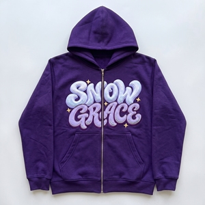 Sweat à capuche Snow Grace violet avec fermeture éclair, imprimé en relief, en polaire, décontracté, unisexe, pour l'hiver - Product Image 1