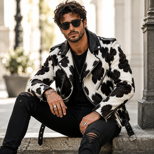 Blouson de moto en cuir véritable pour homme LEATHER SPOT, en cuir de vachette à poils, à capuche, motif écossais, respirant, coupe-vent, décontracté, été, multi-usages - Product Image 5