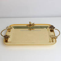 Plateau de service rectangulaire en métal doré de luxe, vente en gros, artisanat Tayyab, couleur et taille personnalisables, finition laquée