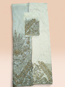 White Luxury Beaded George <b>Fabric</b> with Gold Floral Embroidery for Nigerian Wedding & Party Wear - Product Image 2