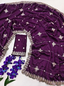 Sari en soie Rangoli riche et luxueux, entièrement brodé de sequins, avec bordure décorative lourde, pour fêtes ethniques, modèle de créateur. - Product Image 6
