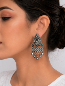 Verified Manufacturer Antique Silver-Plated Ethnic Jade Bezel Set Imitation Pearl Drop Earrings Women's Gift Bulk Supplier - Product Image 2