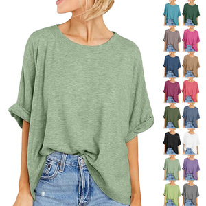 Camiseta de Manga Corta con Cuello Redondo Extra Grande para Mujer, Corte Holgado, 100% Algodón Tejido, Color Sólido, para Primavera y Verano - Product Image 1