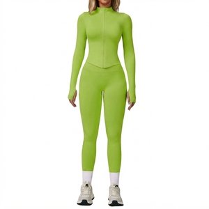 Ensemble de yoga pour femmes, haut de sport à manches longues avec fermeture éclair, leggings taille haute, vêtements de sport extensibles - Product Image 5
