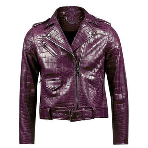 Blouson moto homme violet en cuir véritable respirant et écologique, gaufré à motifs, fermeture éclair, col rabattable, coupe ajustée - Product Image 5