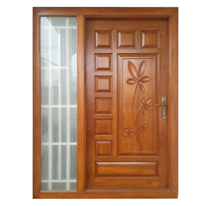Puerta de entrada de madera maciza con diseño floral tallado y panel lateral de vidrio para uso exterior GA-43S - Product Image 4