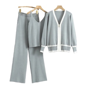 Conjunto de 3 Piezas de Moda 2025 para Mujer, Chaleco, Pantalones con Cintura Elástica y Cremallera de Manga Larga, Traje Deportivo de Punto - Product Image 1