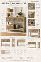 Table console moderne en bois massif sculpté à la main avec base en forme d'éléphant et étagère inférieure pour ferme, hôtel ou salon