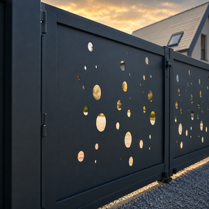 Puerta Corredera Metálica Oscura con Recorte Circular, Valla de Seguridad Moderna de Aluminio para Entrada de Villa, Balcón, Hogar, 6 Pies, Resistente al Calor - Product Image 3
