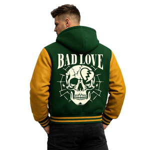 Blouson universitaire pour homme avec imprimé crâne et roses « Love » – Bomber à capuche vert et or tendance pour le streetwear et le style décontracté - Product Image 6